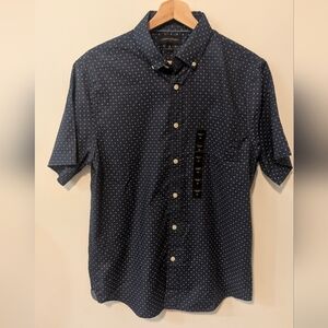 Banana Republic Slim Fit Tech-Stretch Cotton Patterned Navy Button Down Shirt